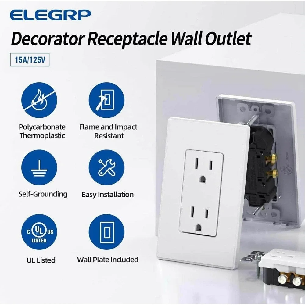 Elegrp Matte White Standard Decorator Electrical Wall Receptacle Outlet 15A 125V